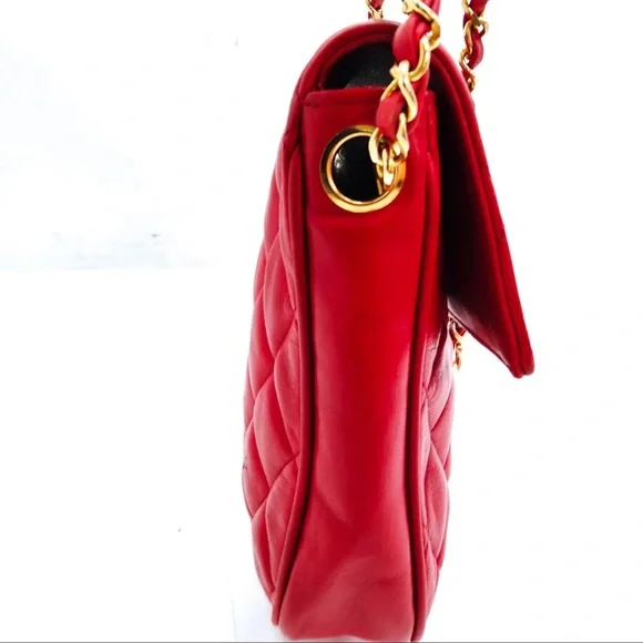 AUTH Chanel Quilted Lambskin 24K Gold Plated Mini Single Flap Bag Red